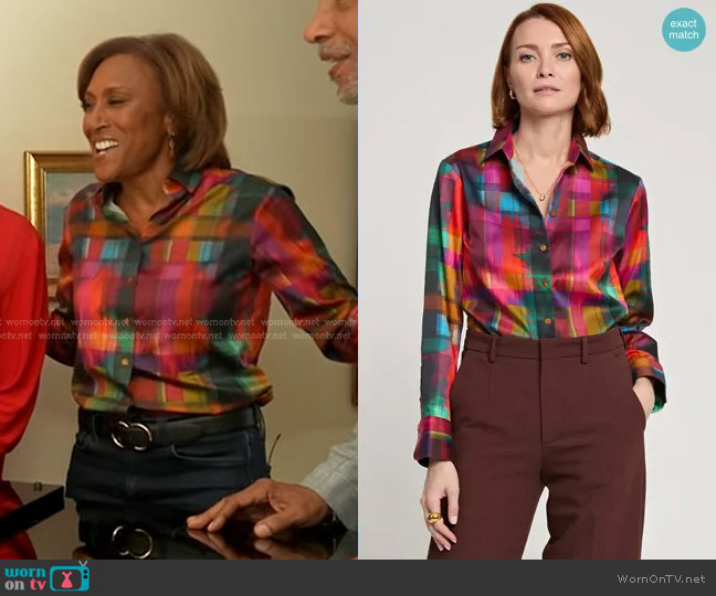 Hinson Wu Margot Long Sleeve Satin Festive Plaid Print Shirt worn by Robin Roberts on Good Morning America