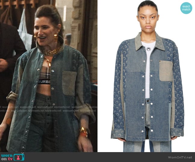 Marine Serre Blue Regenerated Denim Shirt worn by Maya Mason (Kathryn Hahn) on The Studio