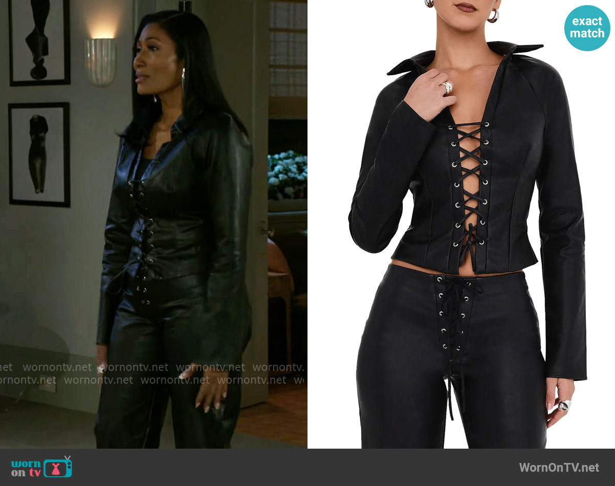 Mistress Rocks Lace-Up Faux Leather Top worn by Dana 'Leslie' Thomas (Trisha Mann-Grant) on Beyond the Gates