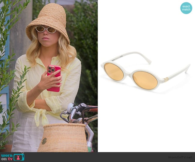 Miu Miu Logo-plaque oval-frame sunglasses worn by Simone DeWitt (Milly Alcock) on Sirens