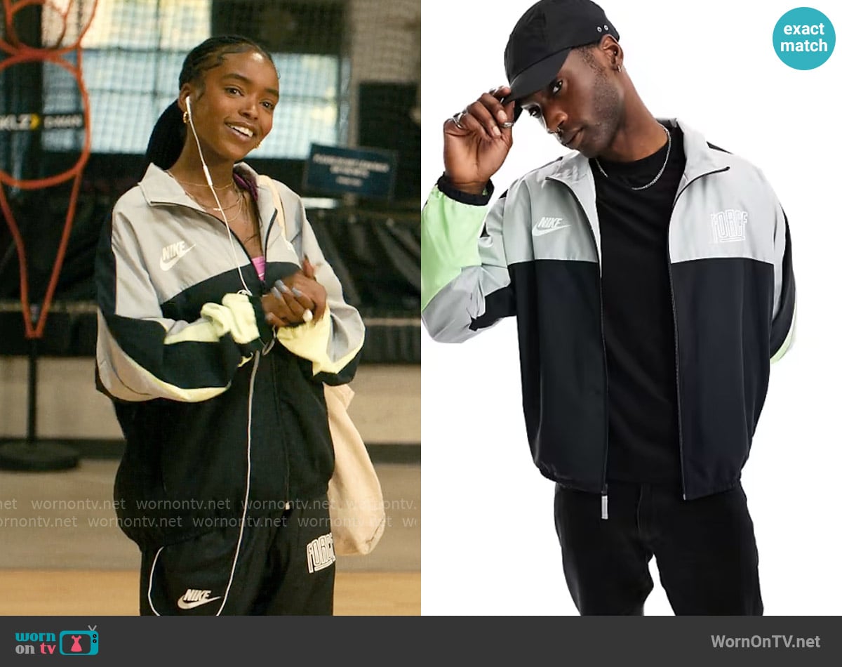 Nike Basketball Starting 5 woven panel jacket in black and gray worn by Keisha Clark (Lovie Simone) on Forever