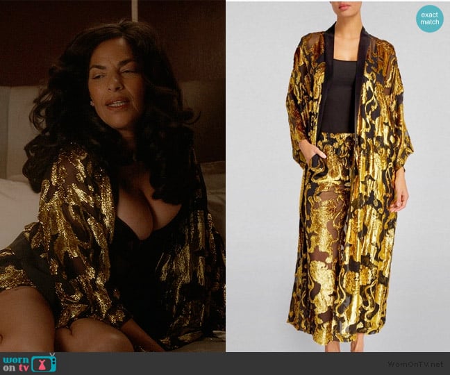 Olivia von Halle Golden Lurex Lion Silk Dressing Gown worn by Seema Patel (Sarita Choudhury) on And Just Like That