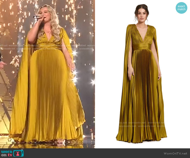 Mac Duggal Pleated Charmeuse V Neck Gown With Cape in Chartreuse worn by Breanna Nix on American Idol