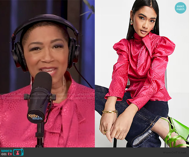ASOS Tie neck puff sleeve blouse in bright pink worn by Deja Vu on Live with Kelly and Mark