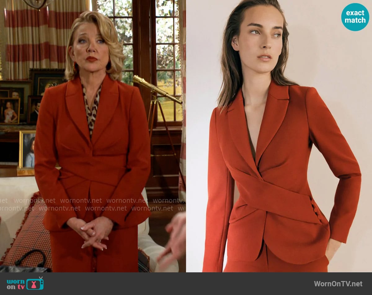 The Fold London Averill Sculpt Stretch Crepe Jacket in Sienna Orange worn by Nikki Reed Newman (Melody Thomas-Scott) on The Young and the Restless