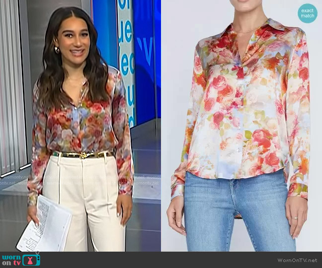 L'Agence Tyler Silk Shirt in Pink Multi Soft Cloud Floral worn by Morgan Radford on NBC News Daily