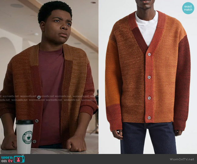 Waste Yarn Project Patti Colorblock Wool Blend Cardigan in Tonal Brown worn by Harry Grant (Elijah M. Cooper) on 9-1-1