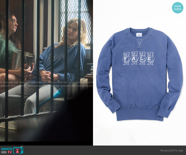 J.Press Yale Vintage Bulldog Sweatshirt in Blue worn by Devon DeWitt (Meghann Fahy) on Sirens