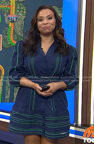Adelle’s navy belted dress with green stitching on Today