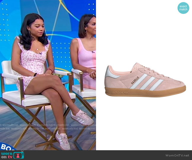Adidas Gazelle Indoor Sneaker in Sandy Pink/ White/ Gum worn by Carolina on Good Morning America