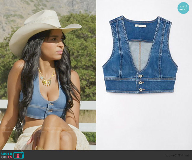 American Eagle Cropped Denim Bra Vest worn by Layla Taylor on The Secret Lives of Mormon Wives