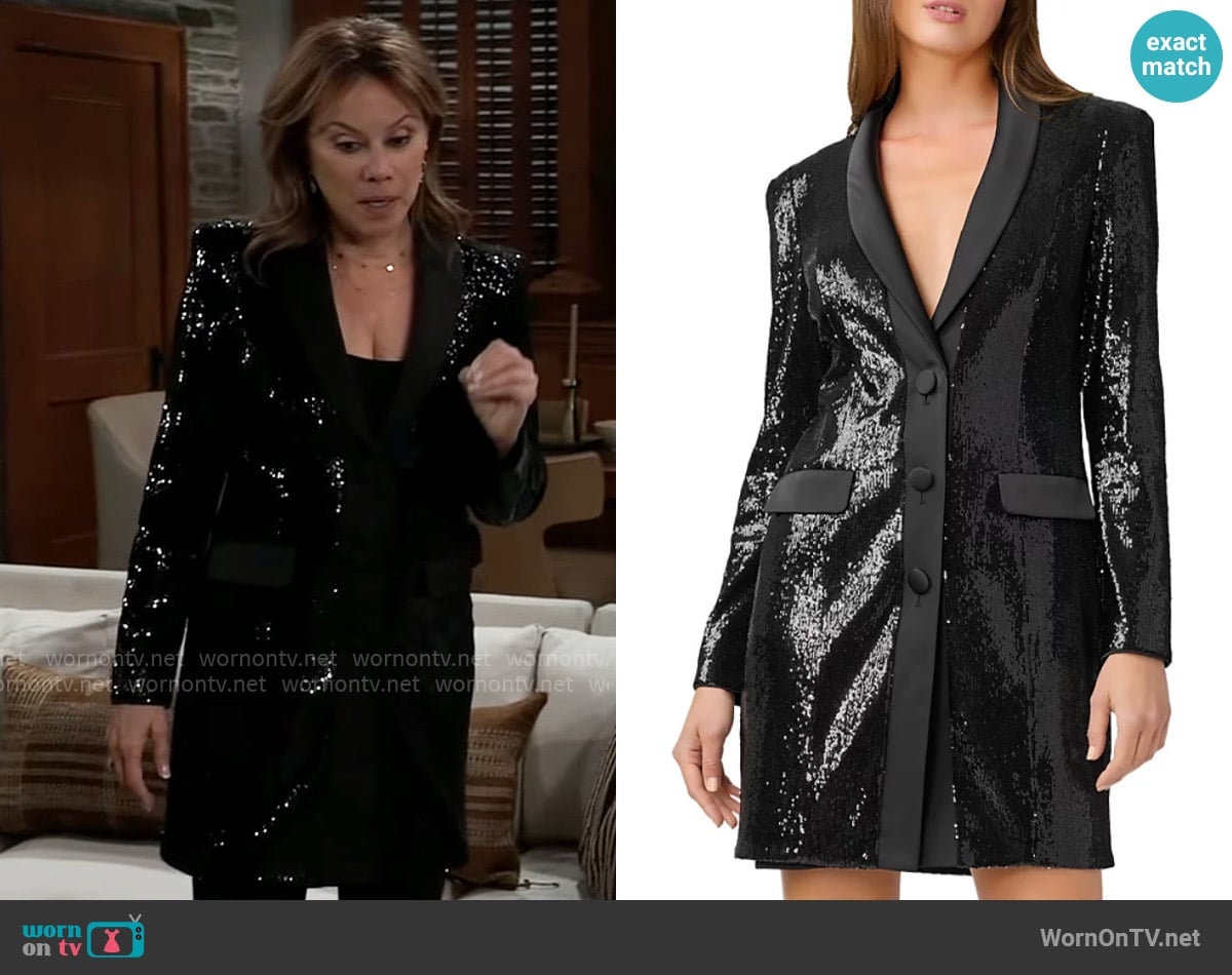 Aidan by Aidan Mattox Sequin Tuxedo Blazer Dress worn by Alexis Davis (Nancy Lee Grahn) on General Hospital