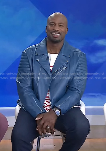 Akbar Gbajabiamila’s blue leather moto jacket on Today