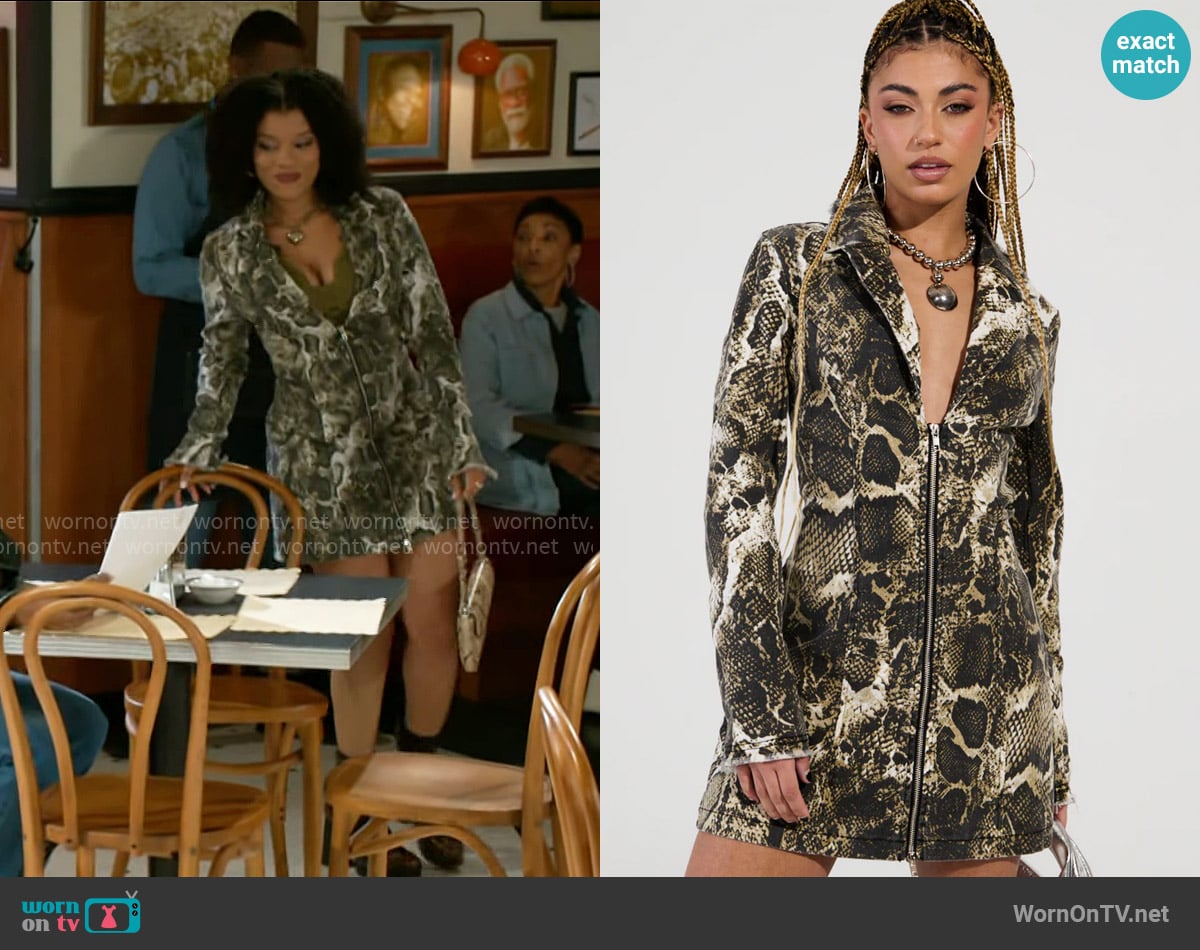 Akira Feelin Exotic Snake Print Blazer Dress worn by Eva Thomas (Ambyr Michelle) on Beyond the Gates
