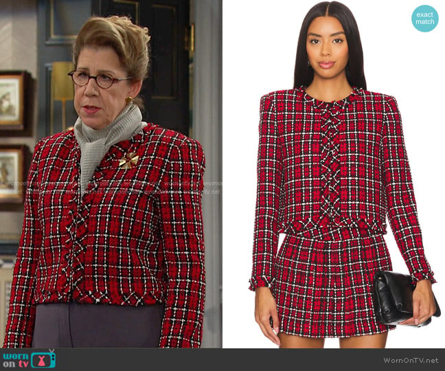 Alice + Olivia Kidman Jacket in School Girl Plaid Bright Ruby worn by Rita Beacon (Maggie Carney) on Days of our Lives