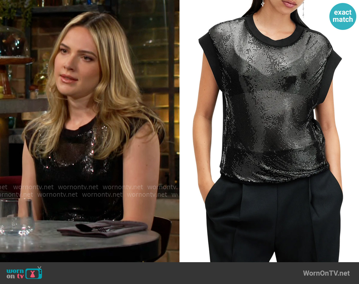 All Saints Shane Mixed Media Chainmail Top worn by Tessa Porter (Cait Fairbanks) on The Young and the Restless
