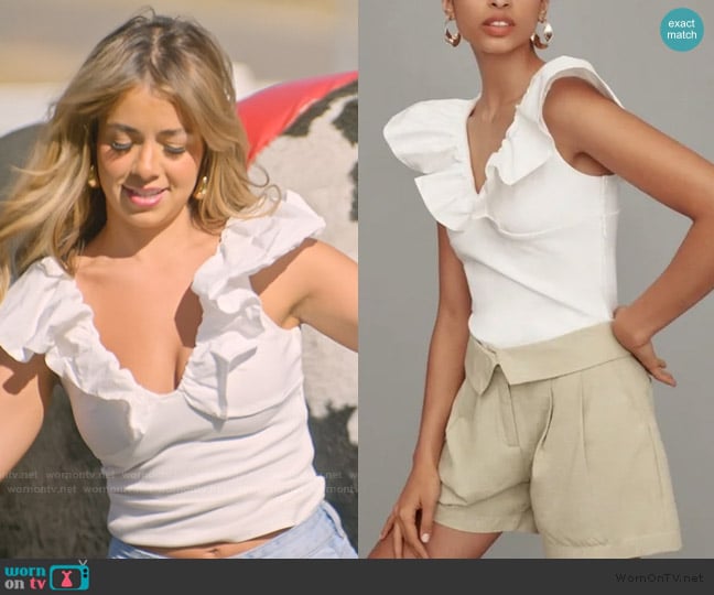 Anthropologie Dolan Knit Ruffle Top worn by Jen Affleck on The Secret Lives of Mormon Wives