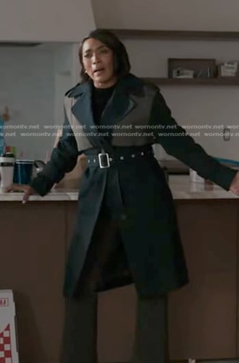Athena’s black colorblock trench coat on 9-1-1