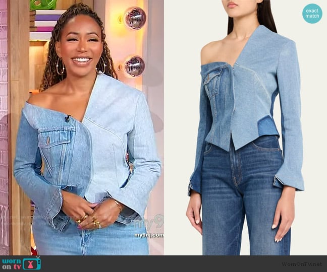 A.W.A.K.E. MODE Upcycled Denim Off Shoulder Jacket worn by Mara S. Campo on Sherri