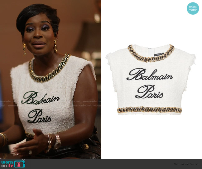 Balmain Signature-embroidered tweed crop top worn by Shamea Morton Mwangi on The Real Housewives of Atlanta