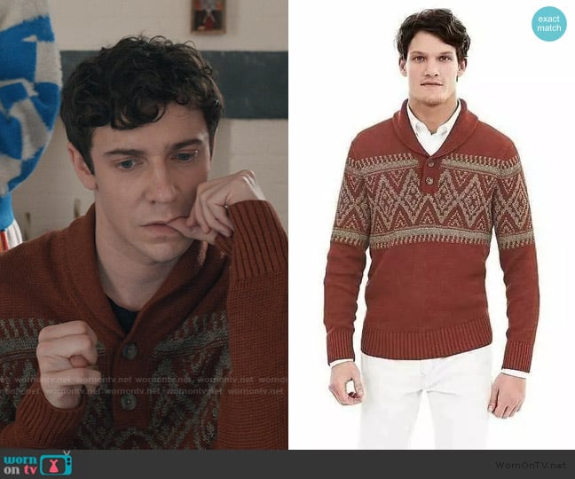 Banana Republic Patterned Italian Shawl Sweater worn by Teddy Tascioni (Ben Levi Ross) on Elsbeth