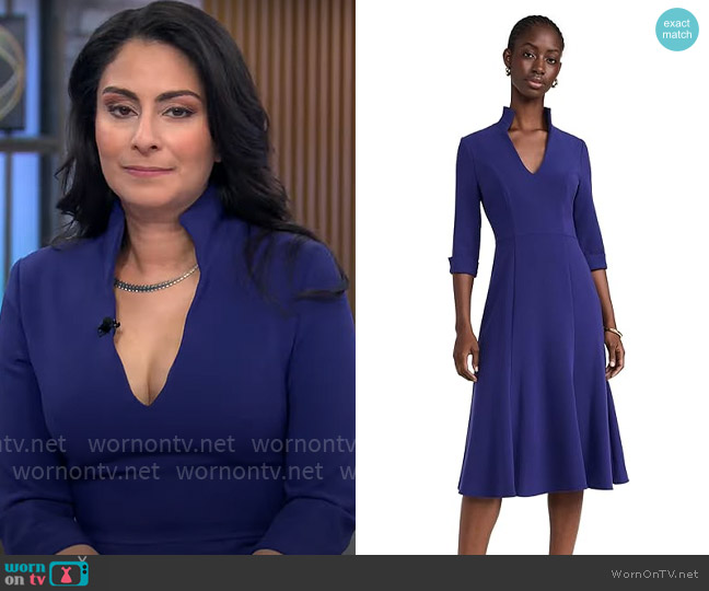 Black Halo Kensington Dress in Dark Indigo worn by Dr. Celine Gounder on CBS Mornings