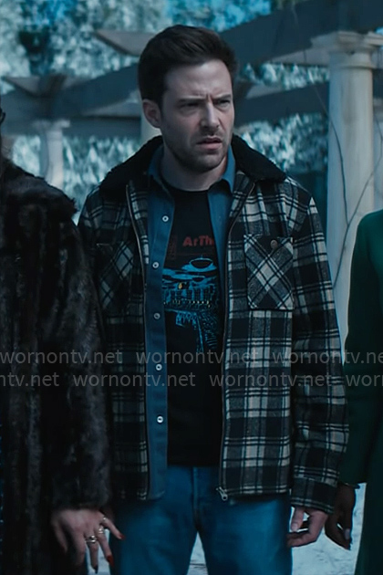 Brett’s black plaid jacket on Grosse Pointe Garden Society