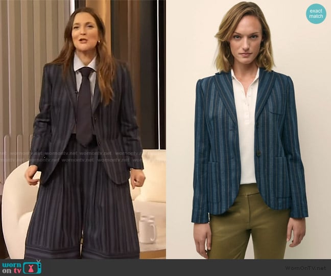 Brooks Brothers Linen-Cotton Striped Jacquard Jacket worn by Drew Barrymore on The Drew Barrymore Show
