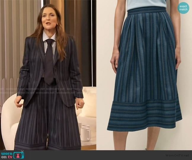 Brooks Brothers Linen-Cotton Striped Jacquard Pleated Skirt worn by Drew Barrymore on The Drew Barrymore Show