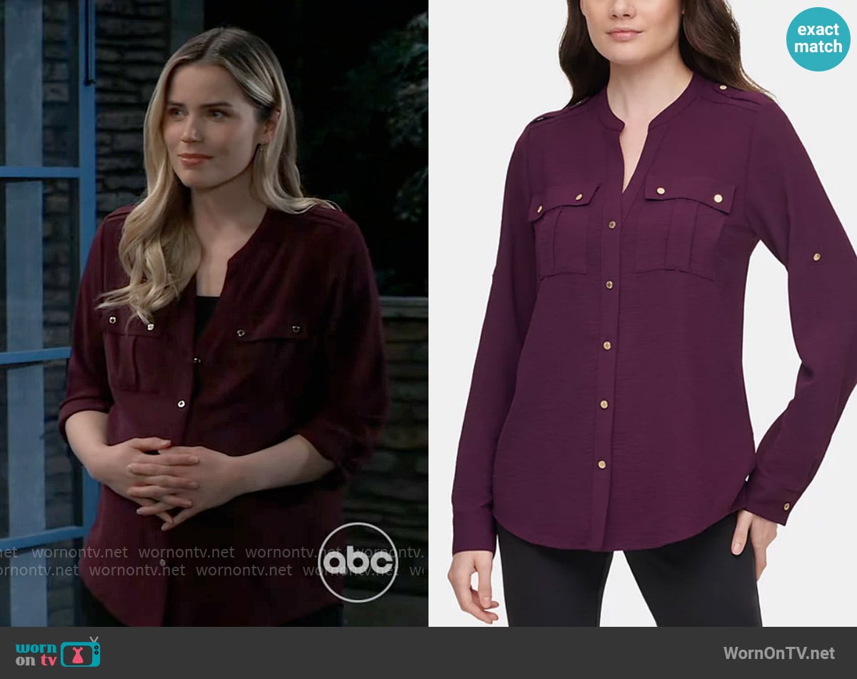 Calvin Klein Textured Roll-Tab Blouse worn by Sasha Gilmore (Sofia Mattsson) on General Hospital