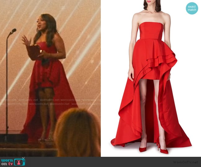 Carolina Herrera Strapless Tiered Ruffle High-Low Silk Gown worn by (Quinta Brunson) on The Studio