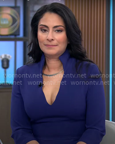 Celine Gounder’s blue split-neck dress on CBS Mornings