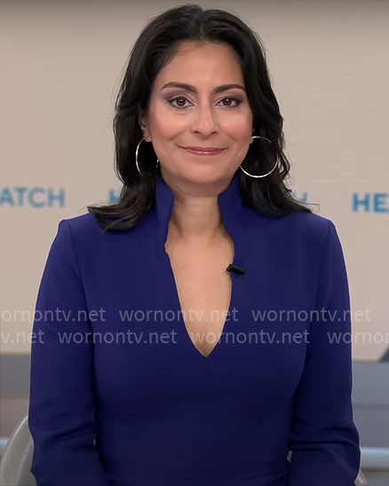 Celine Gounder’s blue split-neck dress on CBS Mornings