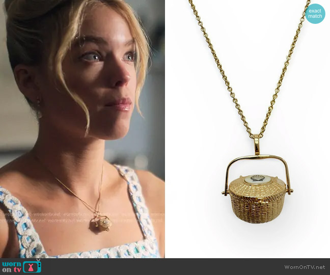 Chatham Jewelers Sirens Nantucket Basket with Scallop Scrimshaw worn by Simone DeWitt (Milly Alcock) on Sirens