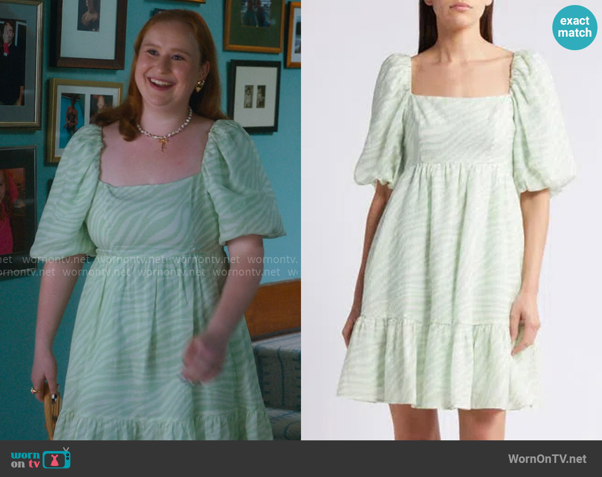 Chelsea28 Puff Sleeve Babydoll Dress in Green Ivory Painted Zebra worn by Lila (Julia Lester) on The Four Seasons