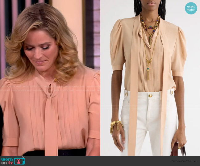 Chloe Tie Neck Short Sleeve Silk Crêpe de Chine Button-Up Shirt worn by Sara Haines on The View
