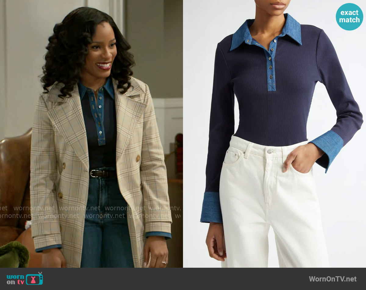Cinq a Sept Jaden Denim Collar Shirt in Navy / Medium Wash worn by Naomi Hamilton Hawthorne (Arielle Prepetit) on Beyond the Gates
