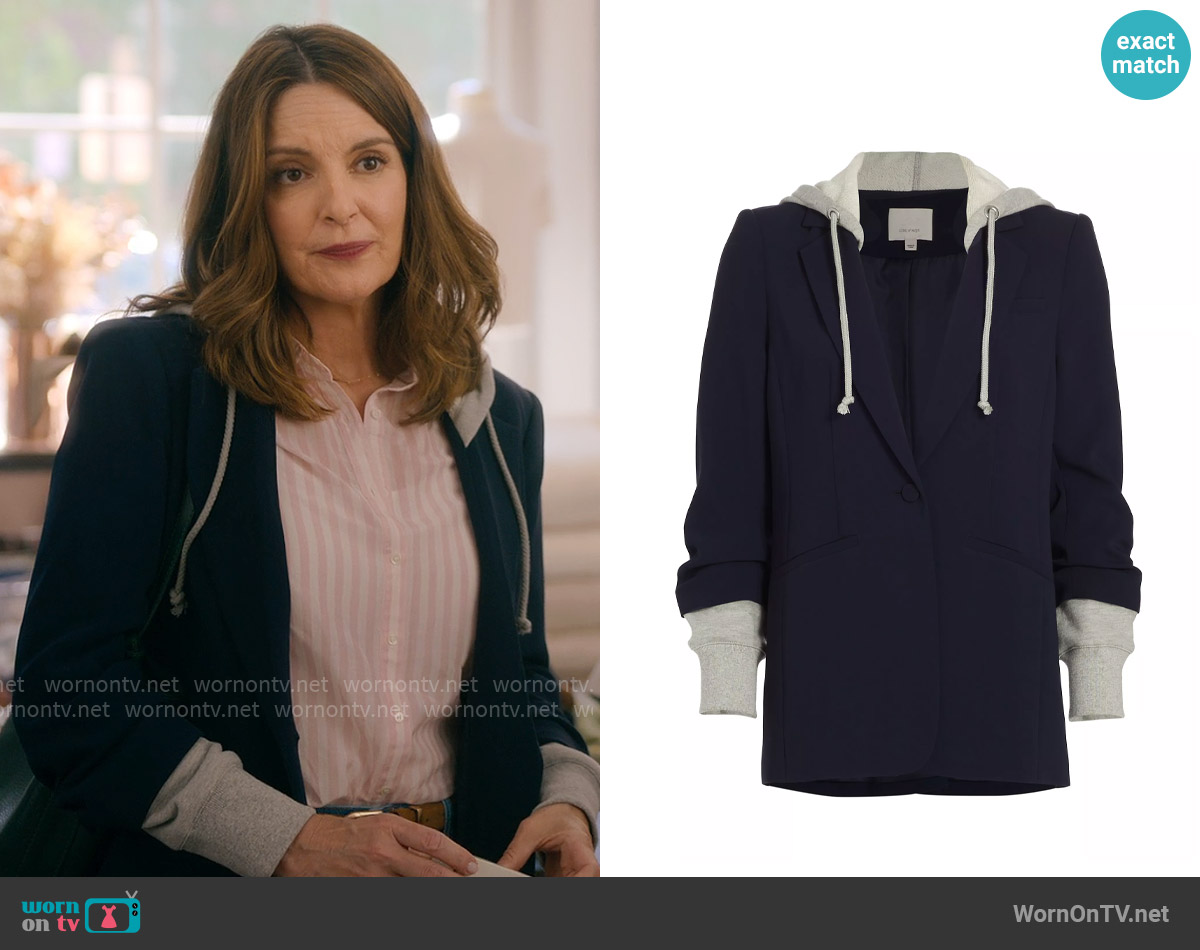 Cinq a Sept Khloe Hooded Blazer in Navy Heather Grey worn by Kate (Tina Fey) on The Four Seasons