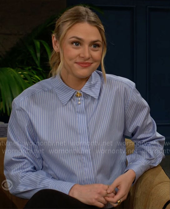 Claire’s blue striped crop shirt on The Young and the Restless