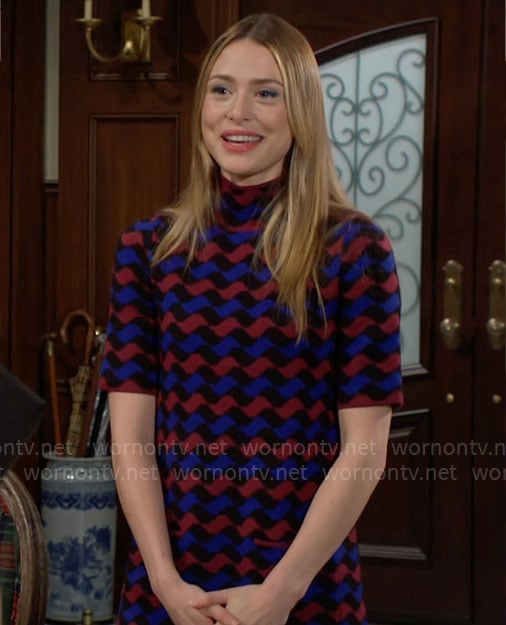 Claire’s red and blue wavy stripe dress on The Young and the Restless
