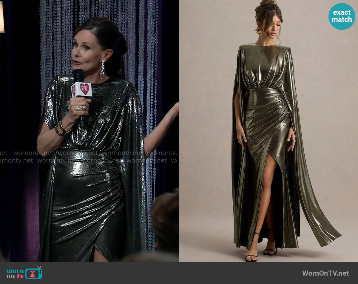 Club L London Theia Gold Metallic Cape-Sleeve Split Maxi Dress worn by Lucy Coe (Lynn Herring) on General Hospital