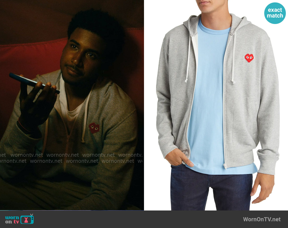 Comme des Garçons PLAY Pixel PLAY Appliqué Zip Hoodie worn by Justin Edwards (Michael Cooper Jr.) on Forever