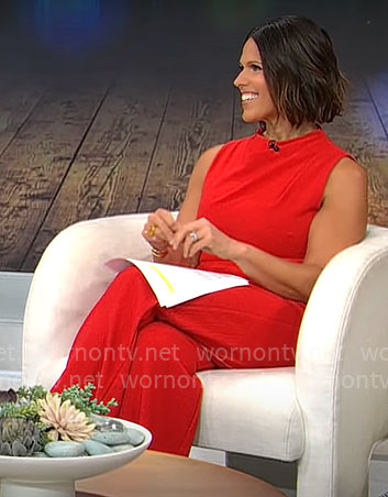 Dana Jacobson’s red sleeveless jumpsuit on CBS Mornings