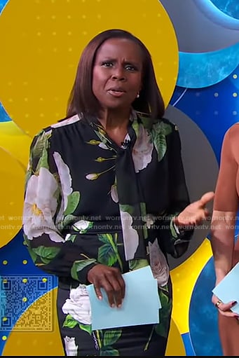 Deborah’s black floral tie neck blouse and pencil skirt on Good Morning America