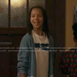 Denny’s white print tee and blue paisley cardigan on 9-1-1