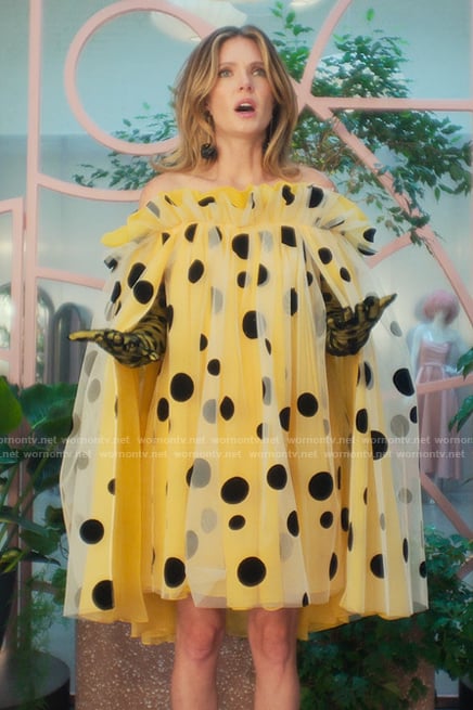 Devon’s yellow polka dot tulle mini dress on Sirens