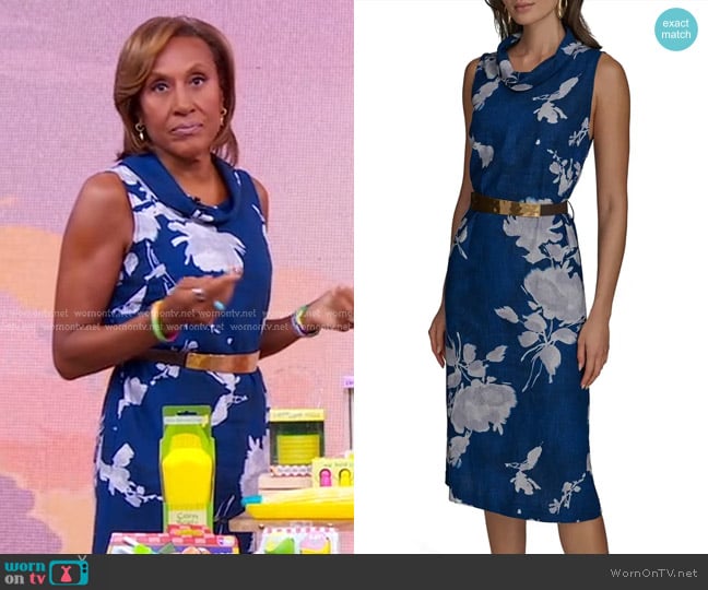Donna Karan Floral Sleeveless Linen Blend Sheath Dress in Marbella M worn by Robin Roberts on Good Morning America