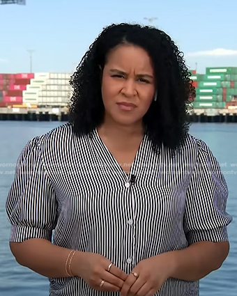 Elise Preston’s stripe puff sleeve top on CBS Evening News