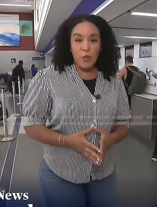Elise Preston’s stripe puff sleeve top on CBS Evening News