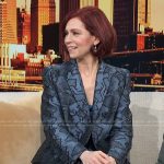 Carrie Preston’s blue metallic double breasted blazer on Access Hollywood